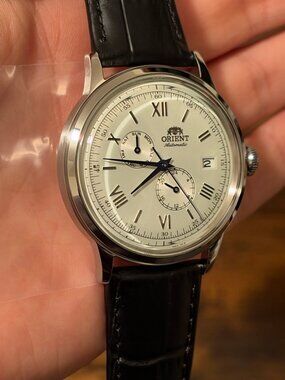 Orient Automatic White Roman Dial Black Leather Day-Date - New in Box